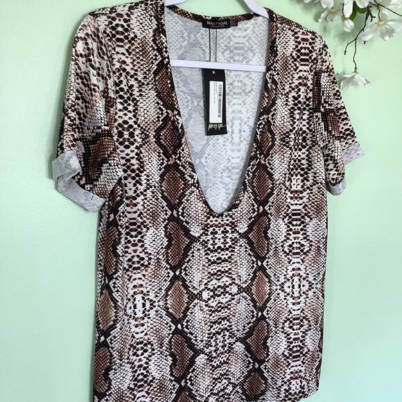 Nasty Gal Riley Snake Low Voop Neck Tee T Shirt Top Python Animal Print Brown - Picture 3 of 13